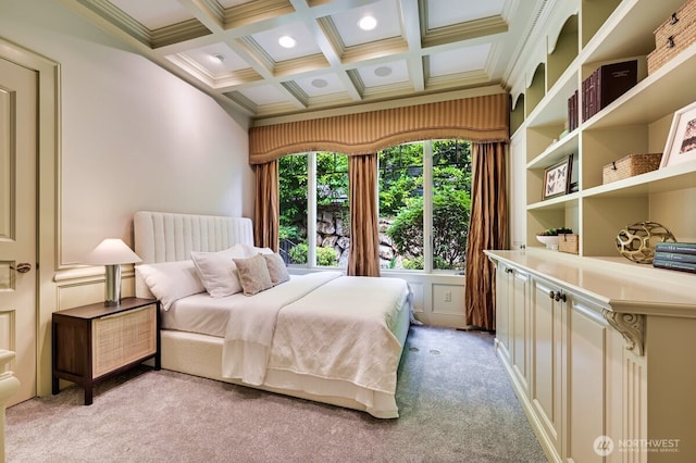 3210 Hunts Point Rd, Hunts Point, WA 98004 - bedroom with coffered ceiling, beam ceiling, light carpet, and ornamental molding