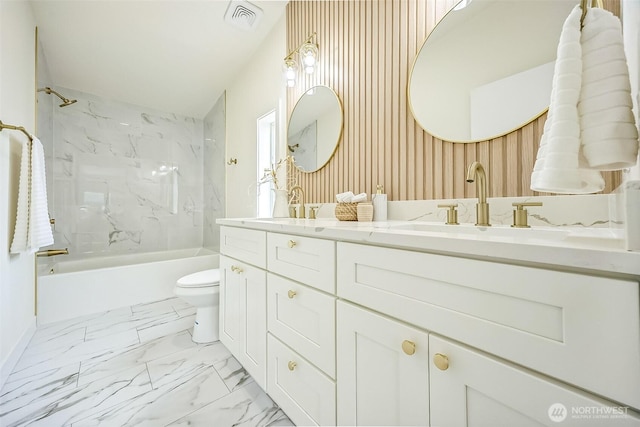1322 Crescent Ave, Centralia, WA 98531 - full bathroom with double vanity, bathing tub / shower combination, and marble finish flooring