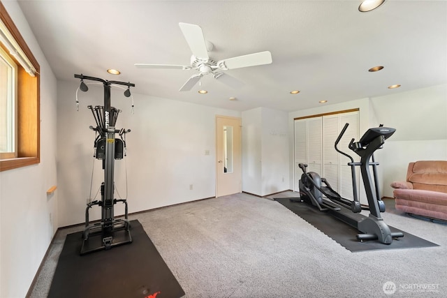 17310 Palatine Ave N, Shoreline, WA 98133 - workout area with recessed lighting, a ceiling fan, and carpet flooring