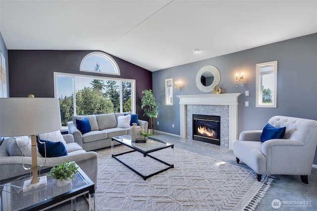 7332 156th St SE, Snohomish, WA 98296 - living area featuring carpet, vaulted ceiling, and a high end fireplace