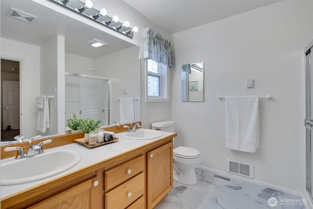 7332 156th St SE, Snohomish, WA 98296 - full bathroom with a shower stall, double vanity, and marble finish flooring