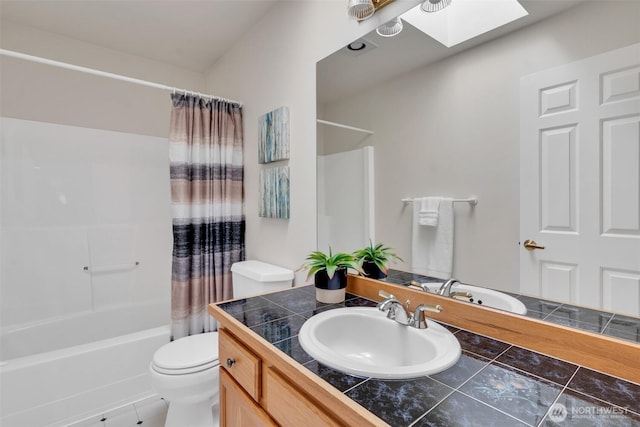 7332 156th St SE, Snohomish, WA 98296 - bathroom with a skylight, shower / tub combo with curtain, and vanity
