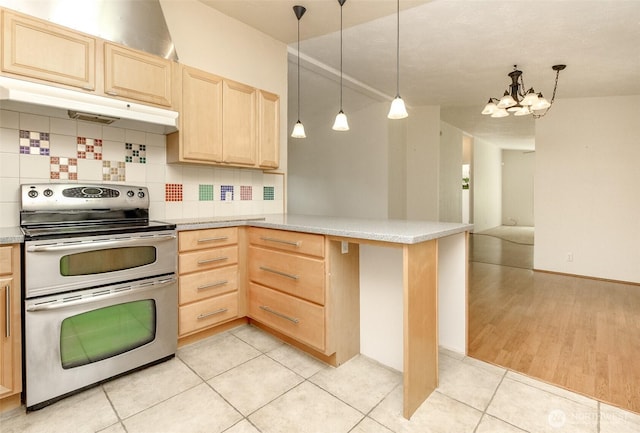 1106 29th St SE, Auburn, WA 98002 - kitchen with double oven range, light brown cabinets, under cabinet range hood, a peninsula, and backsplash
