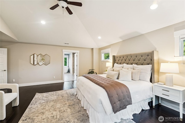 24130 145th Ave SE, Snohomish, WA 98296 - bedroom featuring lofted ceiling, recessed lighting, dark wood finished floors, ensuite bath, and a ceiling fan