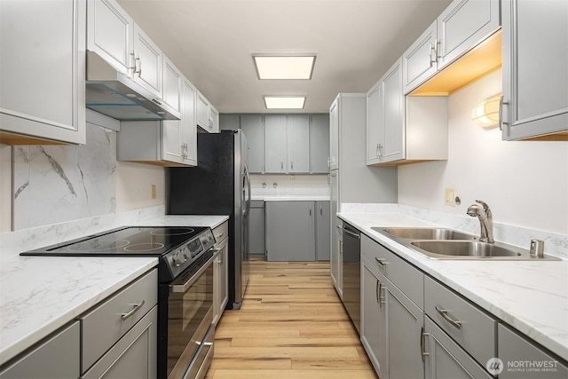 8005 Sand Point Way NE Unit A52, Seattle, WA 98115 - kitchen featuring appliances with stainless steel finishes, under cabinet range hood, light wood-type flooring, gray cabinetry, and tasteful backsplash