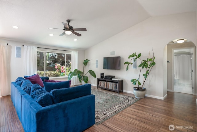 1717 SW 347th Pl, Federal Way, WA 98023 - living room featuring vaulted ceiling, ceiling fan, arched walkways, wood finished floors, and recessed lighting
