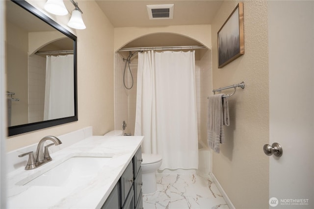 1717 SW 347th Pl, Federal Way, WA 98023 - bathroom with marble finish flooring, vanity, and shower / bath combination with curtain