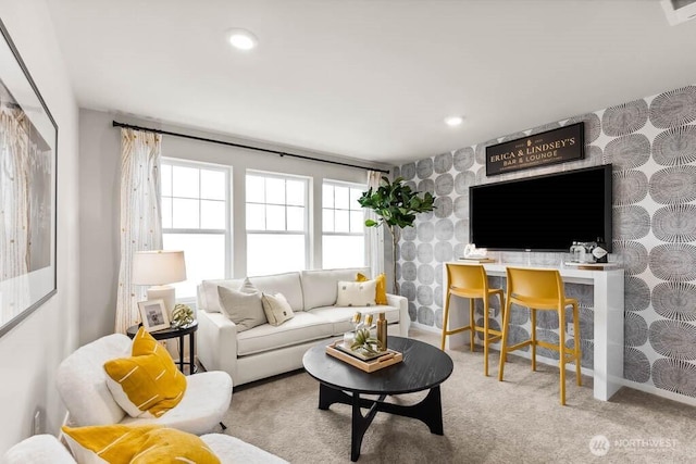 1713 Noble Ave Unit 76, Snohomish, WA 98290 - carpeted living room featuring wallpapered walls and recessed lighting