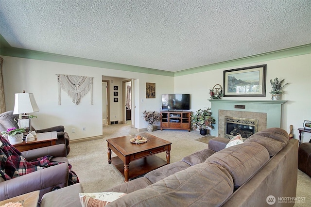 17003 53rd Ave S, Seatac, WA 98188 - living area featuring light colored carpet, a premium fireplace, and a textured ceiling