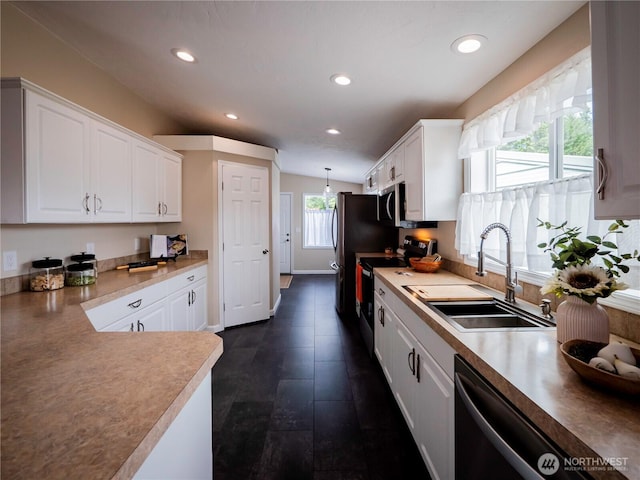 4805 Cushman Rd NE Unit 115, Olympia, WA 98506 - kitchen featuring range with electric stovetop, dishwashing machine, white cabinetry, recessed lighting, and stainless steel microwave