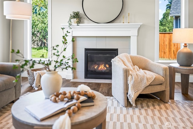 605 26th Avenue Ct, Milton, WA 98354 - living room with a tile fireplace and wood finished floors