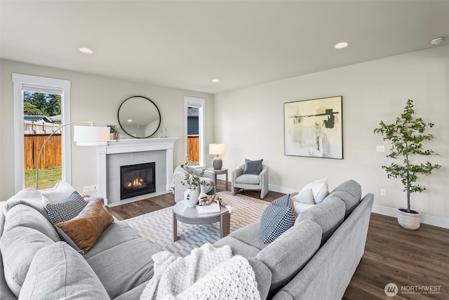 605 26th Avenue Ct, Milton, WA 98354 - living area featuring a fireplace, wood finished floors, and recessed lighting