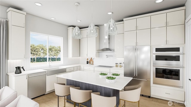 18805 99th Ct NE Unit E, Bothell, WA 98011 - kitchen with stainless steel appliances, wall chimney exhaust hood, a kitchen breakfast bar, light countertops, and decorative backsplash