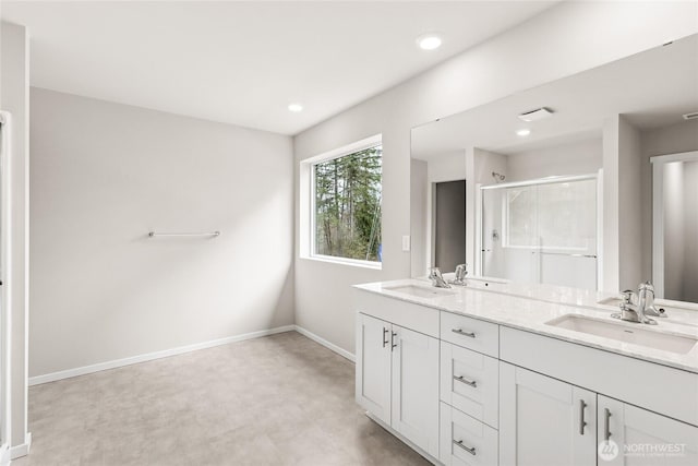 3929 23rd Ave NE Unit 99, Olympia, WA 98506 - full bathroom featuring double vanity, a stall shower, and recessed lighting