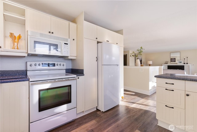 1418 W Mukilteo Blvd, Everett, WA 98203 - kitchen featuring white appliances, dark wood-style floors, open floor plan, and white cabinetry