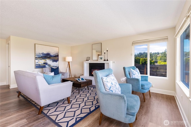 1418 W Mukilteo Blvd, Everett, WA 98203 - living area with wood finished floors, a fireplace, and a textured ceiling