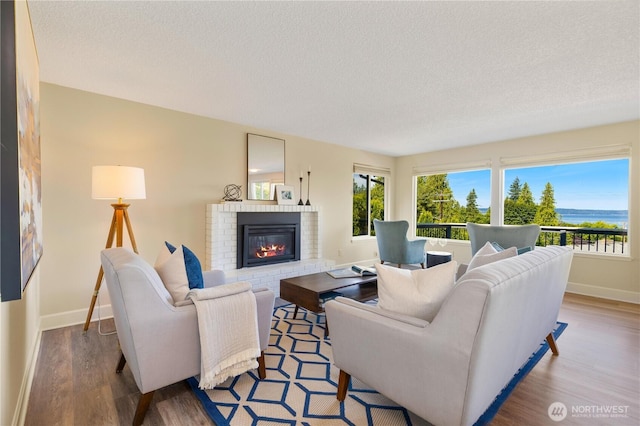 1418 W Mukilteo Blvd, Everett, WA 98203 - living area with wood finished floors, a fireplace, and a textured ceiling