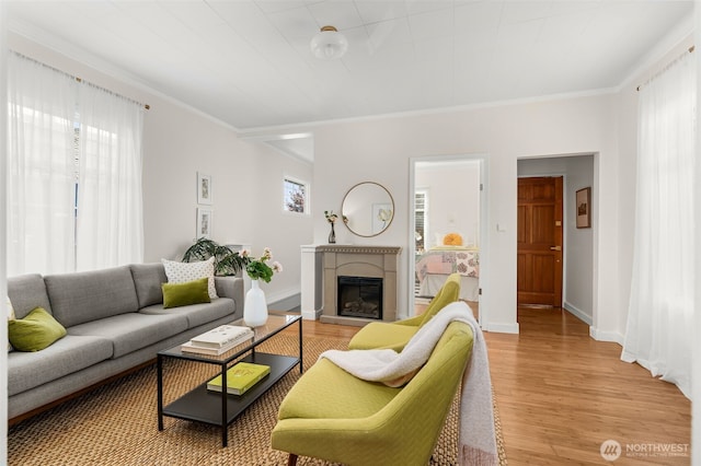 4506 46th Ave SW, Seattle, WA 98116 - living area with a glass covered fireplace, light wood-style floors, and ornamental molding