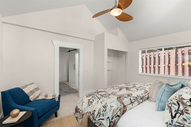 4506 46th Ave SW, Seattle, WA 98116 - bedroom with light colored carpet, vaulted ceiling, a closet, and a ceiling fan