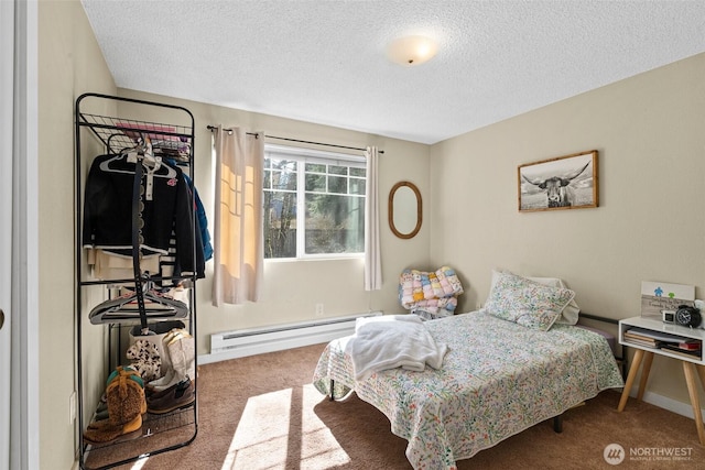 3302 W Tapps Dr E, Lake Tapps, WA 98391 - bedroom featuring carpet flooring, a baseboard radiator, and a textured ceiling