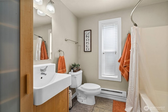 3302 W Tapps Dr E, Lake Tapps, WA 98391 - bathroom with a baseboard heating unit, tile patterned flooring, vanity, and shower / tub combo with curtain