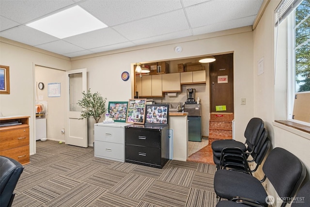 3302 W Tapps Dr E, Lake Tapps, WA 98391 - kitchen featuring a paneled ceiling, an office area, open floor plan, light carpet, and freestanding refrigerator