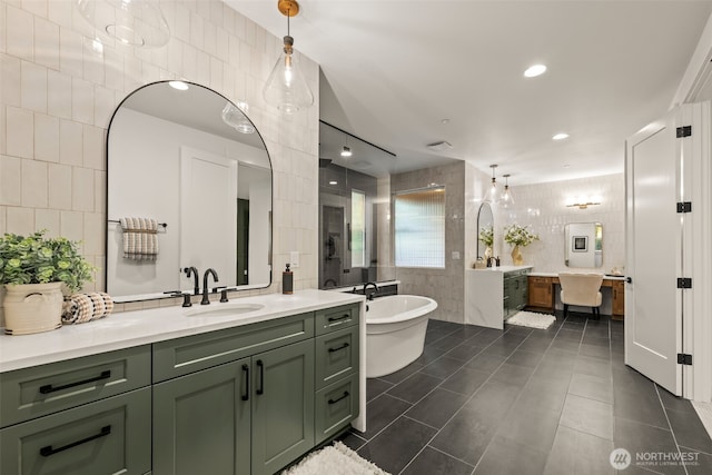 332 138th Pl SE, Auburn, WA 98092 - bathroom with tile walls, two vanities, a freestanding bath, tile patterned flooring, and recessed lighting