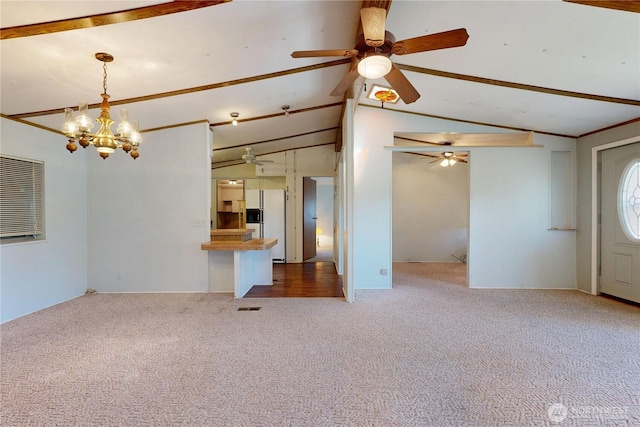 589 Criscola Ave, College Place, WA 99324 - unfurnished living room with ceiling fan, carpet flooring, and a chandelier