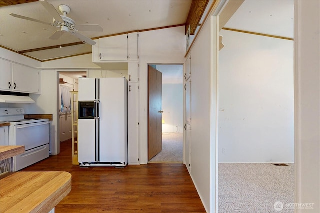 589 Criscola Ave, College Place, WA 99324 - kitchen with white appliances, under cabinet range hood, a ceiling fan, white cabinets, and dark wood finished floors