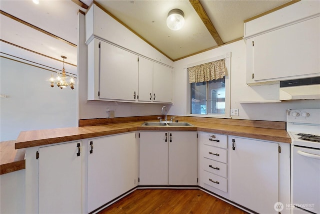 589 Criscola Ave, College Place, WA 99324 - kitchen featuring electric range, under cabinet range hood, wooden counters, and white cabinetry