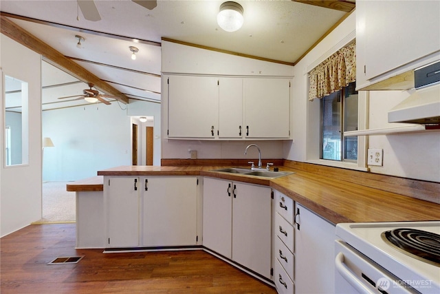 589 Criscola Ave, College Place, WA 99324 - kitchen featuring ceiling fan, white cabinetry, dark wood-type flooring, and white electric stove