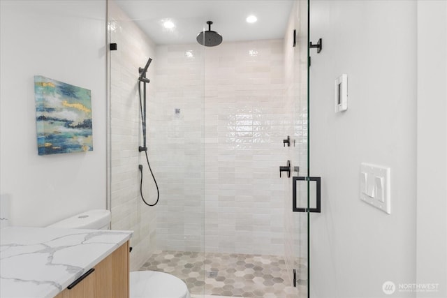 747 N 71st St, Seattle, WA 98103 - full bathroom with a stall shower, vanity, and recessed lighting