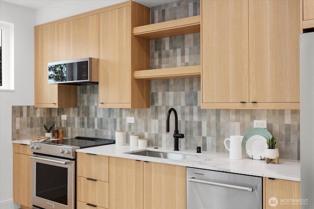 747 N 71st St, Seattle, WA 98103 - kitchen with stainless steel appliances, modern cabinets, light brown cabinets, and open shelves