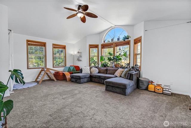 12310 Morris Rd SE, Yelm, WA 98597 - carpeted living area featuring a ceiling fan and lofted ceiling