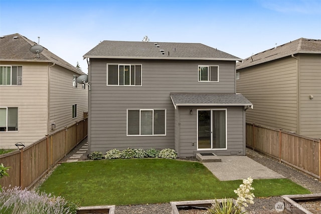 7022 Raptor Ave NE, Lacey, WA 98516 - rear view of property featuring roof with shingles, a fenced backyard, and a patio
