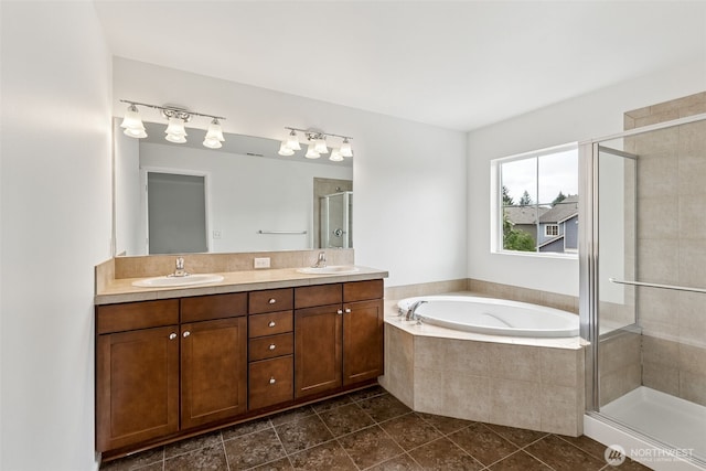 7022 Raptor Ave NE, Lacey, WA 98516 - bathroom featuring double vanity, a stall shower, a bath, and tile patterned floors
