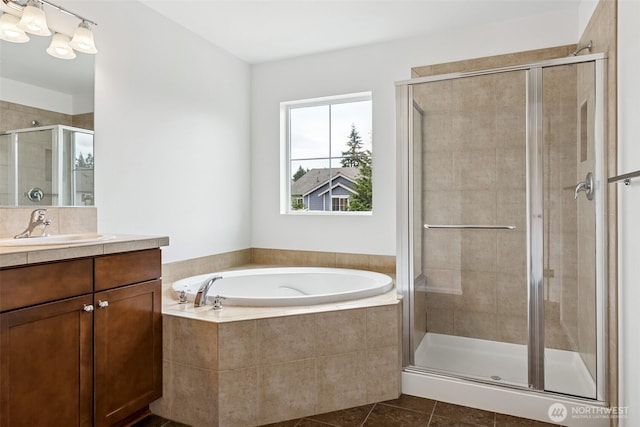 7022 Raptor Ave NE, Lacey, WA 98516 - bathroom with vanity, a bath, a stall shower, and tile patterned floors
