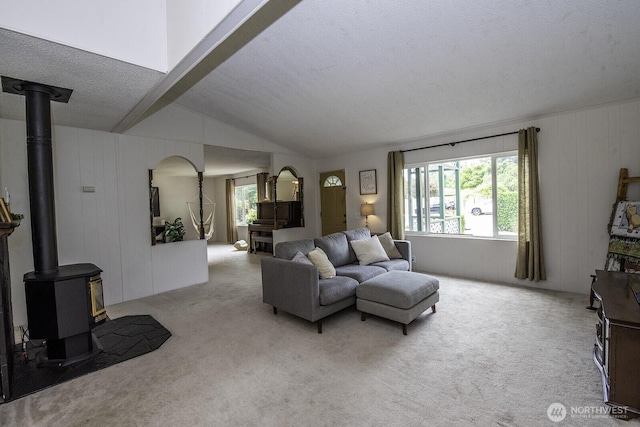 1729 154th St S, Spanaway, WA 98387 - carpeted living area featuring a wood stove, a textured ceiling, lofted ceiling, wood walls, and arched walkways