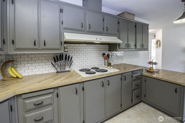 1729 154th St S, Spanaway, WA 98387 - kitchen featuring under cabinet range hood, white electric cooktop, decorative backsplash, gray cabinetry, and a textured ceiling