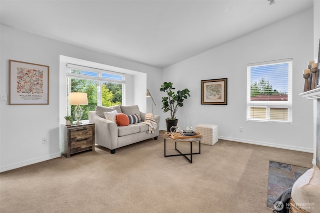 1780 W Sunn Fjord Ln Unit E306, Bremerton, WA 98312 - living room featuring vaulted ceiling and light colored carpet