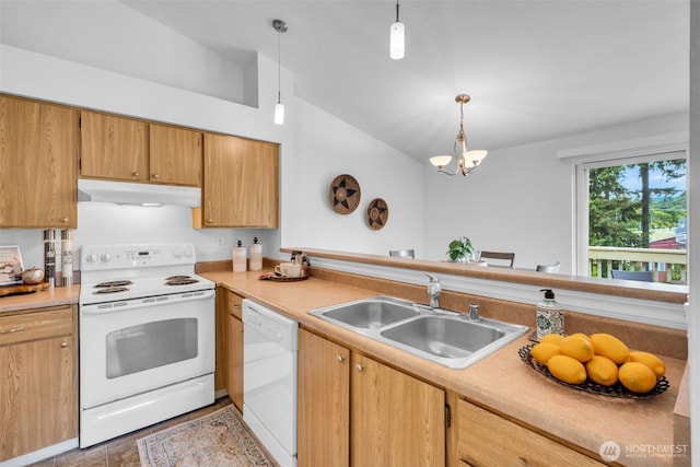 1780 W Sunn Fjord Ln Unit E306, Bremerton, WA 98312 - kitchen featuring under cabinet range hood, white appliances, vaulted ceiling, a chandelier, and light countertops