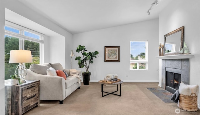1780 W Sunn Fjord Ln Unit E306, Bremerton, WA 98312 - living room featuring a tile fireplace, track lighting, healthy amount of natural light, light carpet, and lofted ceiling