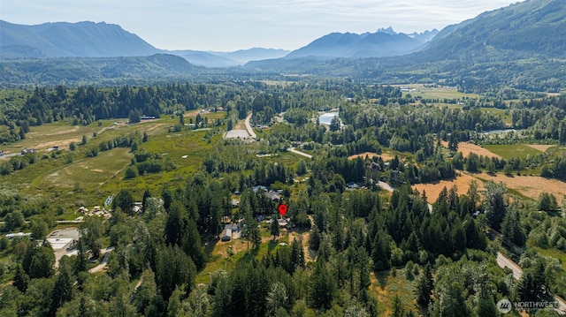 30124 Ramstad Rd, Arlington, WA 98223 - aerial overview of property's location featuring a mountain backdrop and a heavily wooded area