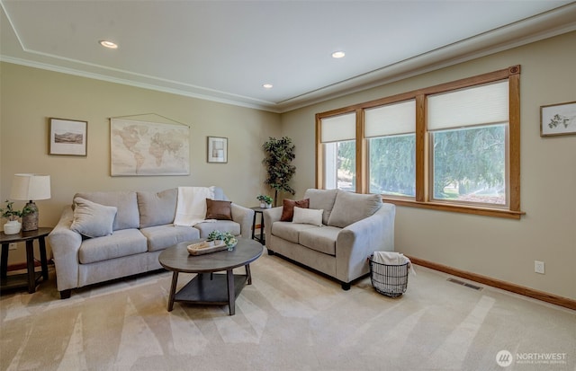 3716 Knowles Rd, Wenatchee, WA 98801 - living area featuring ornamental molding, light colored carpet, and recessed lighting
