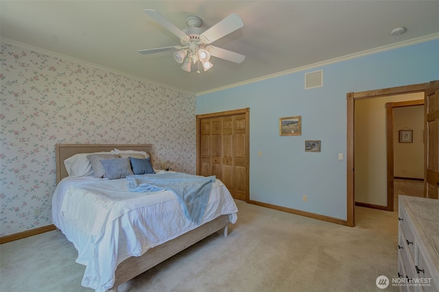 3716 Knowles Rd, Wenatchee, WA 98801 - bedroom with crown molding, light carpet, a closet, ceiling fan, and wallpapered walls