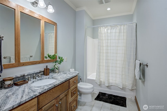 3716 Knowles Rd, Wenatchee, WA 98801 - full bath featuring vanity, tile patterned flooring, shower / bath combo with shower curtain, and ornamental molding