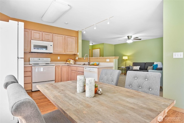 639 W Horton Way Unit 228, Bellingham, WA 98226 - kitchen featuring white appliances, light brown cabinets, a peninsula, rail lighting, and light wood finished floors