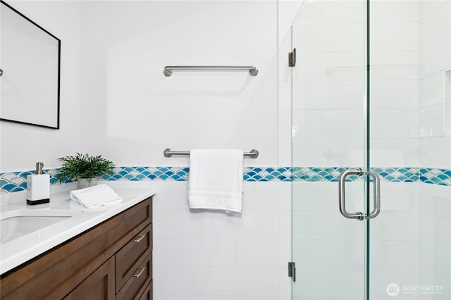 13830 Old Snohomish Monroe Rd, Snohomish, WA 98290 - full bathroom featuring vanity, a stall shower, and wainscoting