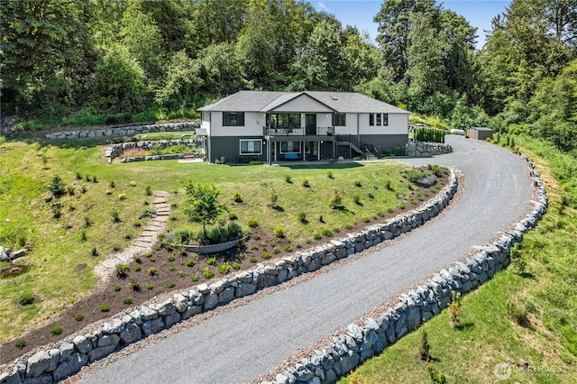 13830 Old Snohomish Monroe Rd, Snohomish, WA 98290 - view of front of property featuring stairway, driveway, a wooden deck, and a front yard