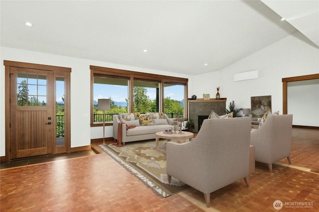 13830 Old Snohomish Monroe Rd, Snohomish, WA 98290 - living area with vaulted ceiling, recessed lighting, and a fireplace
